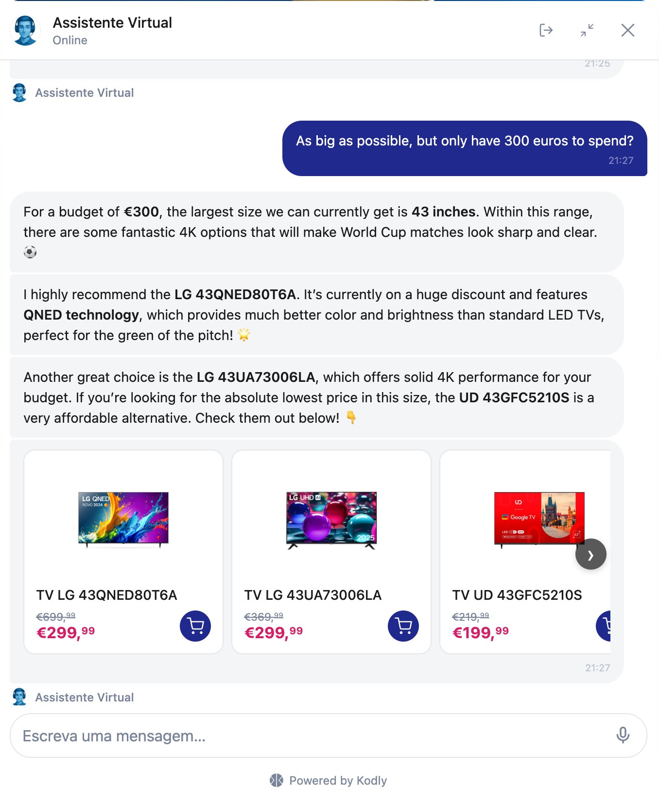 Kodly Agent Platform — Radio Popular personal shopper in action